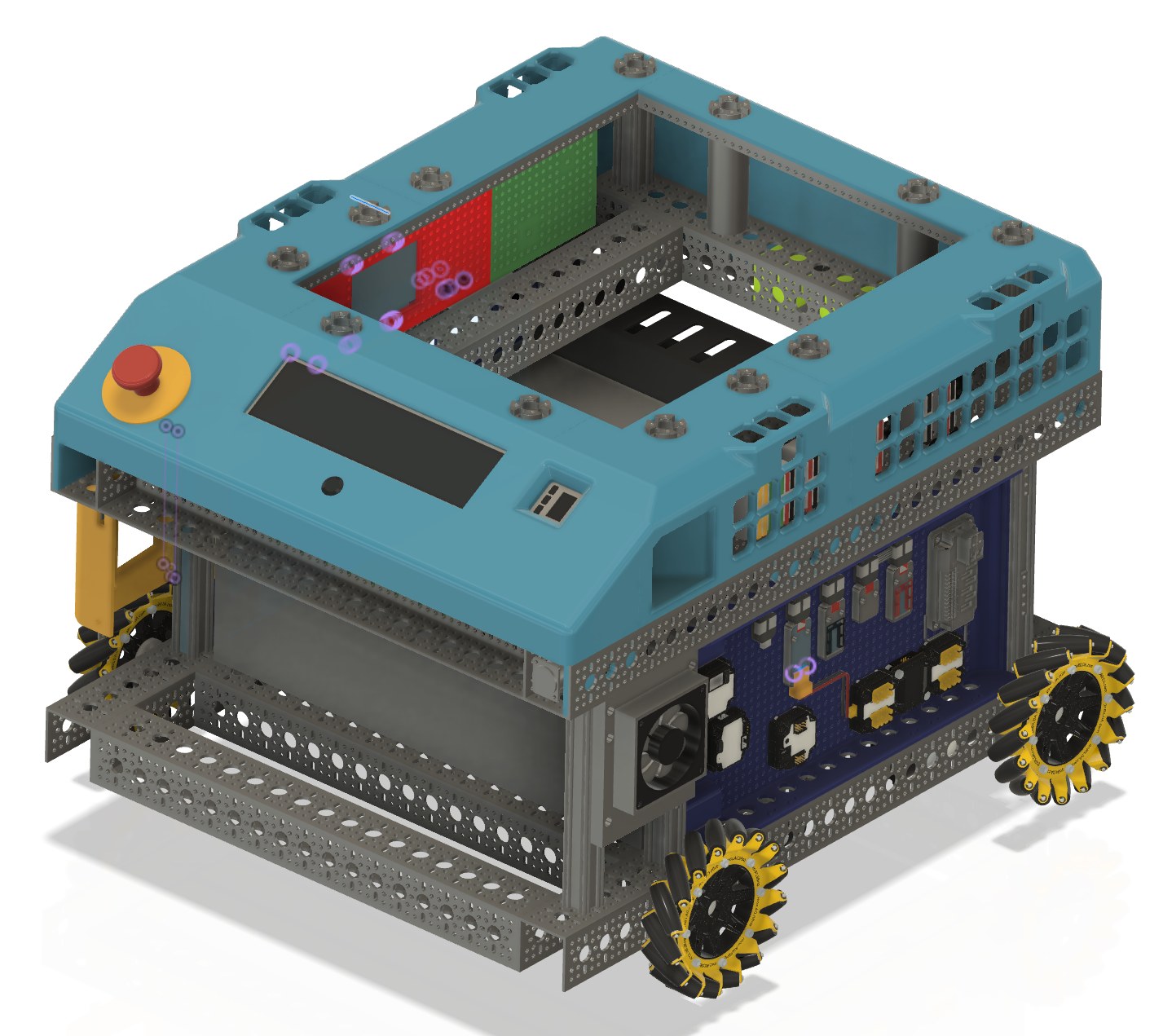 A CAD render of the rover base: an aluminum frame with blue panels, mecanum wheels and an emergency stop on the top deck