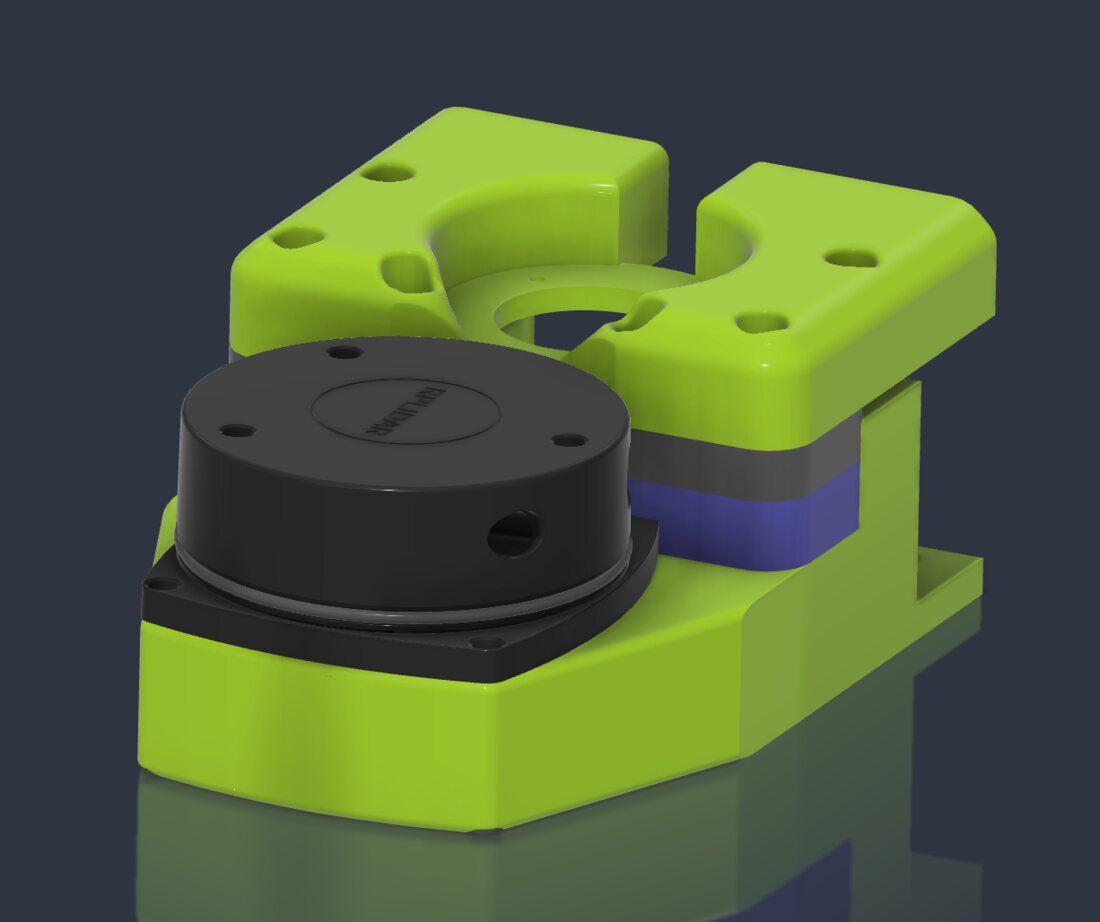 A CAD render of a round 2D lidar sitting in a bright green 3D-printed mount
